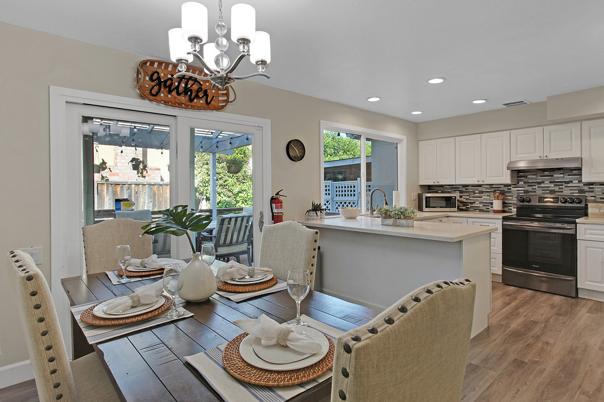 The dining table, set for a meal