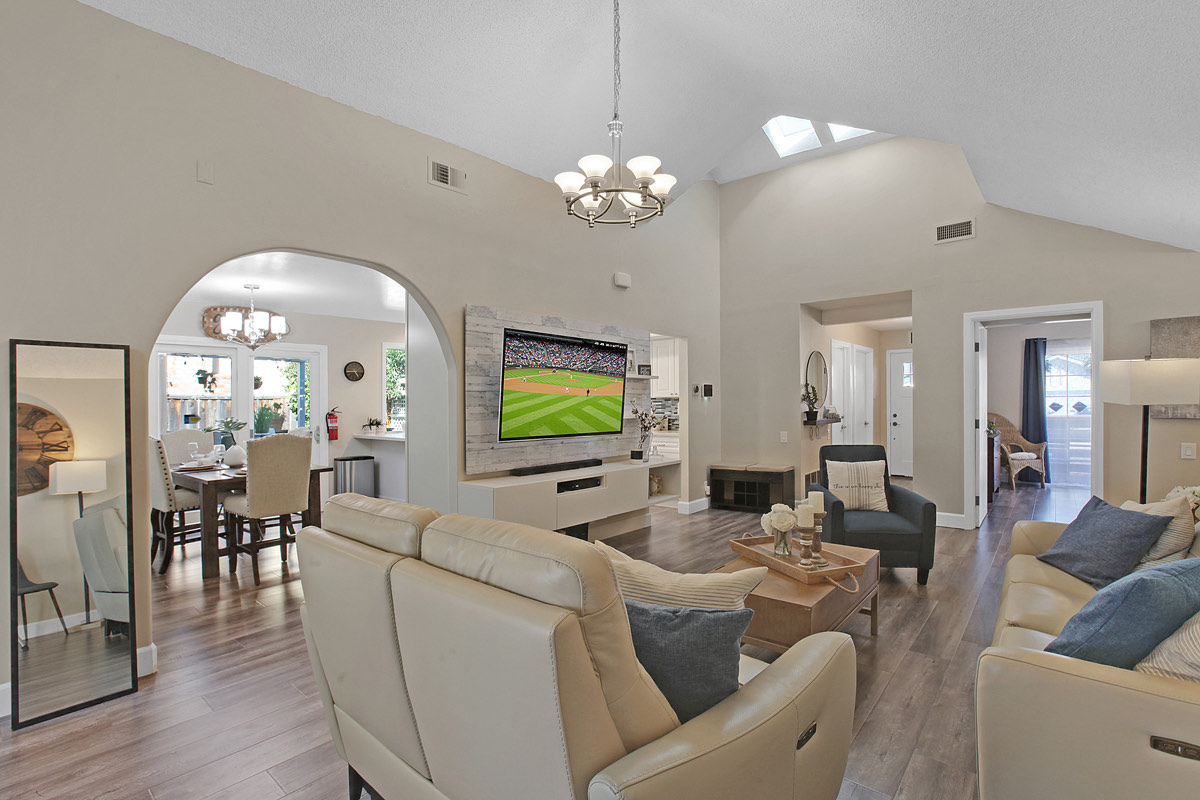 The open living and dining area, with vaulted ceilings