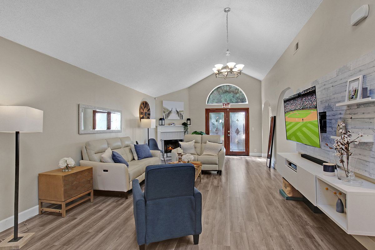 The living room at Nurturehood, with fireplace